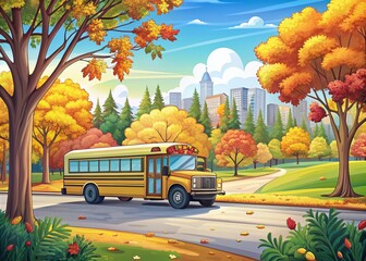 Obraz premium Happy morningscape with a vacant school bus parked by the curb, surrounded by lush green trees and colorful autumn leaves, awaiting young students' arrival.