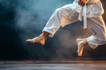 Karate kick action in a dojo by an Asian martial artist