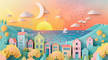 Fototapeta premium Urban countryside landscape city village and sea bay with sunset. Paper art craft style