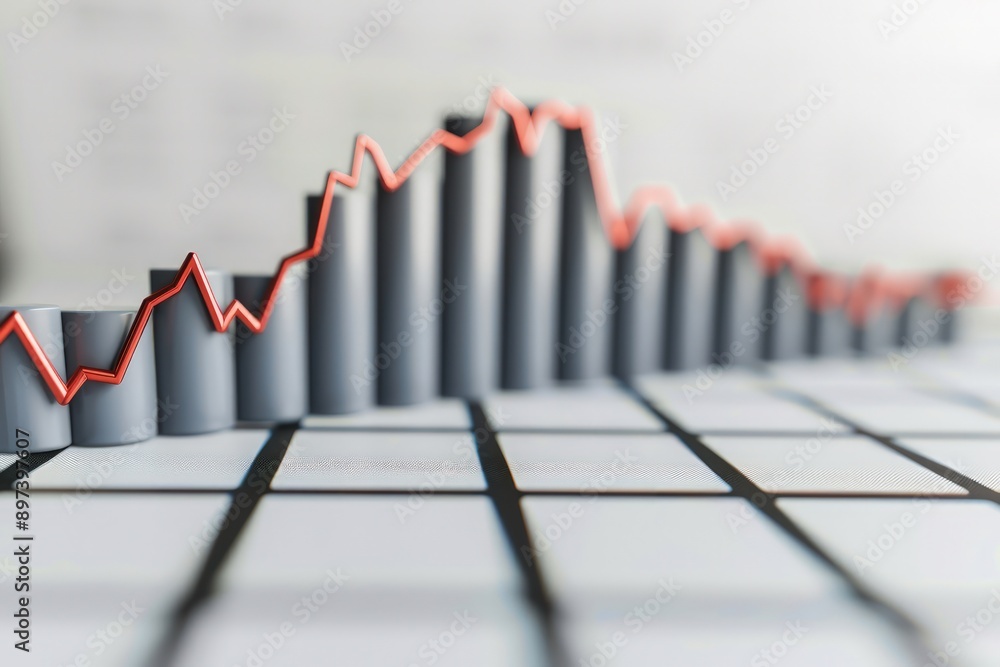 Poster bar graph with a sharp rise in stock prices set against a minimal white surface.