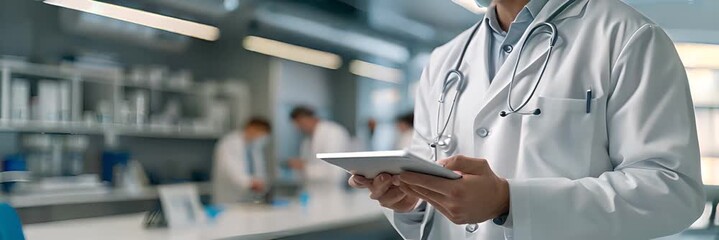 Female smiling happy doctor woman wears white medical gown suit work in hospital clinic office hold in hand use mobile cell phone  - Powered by Adobe