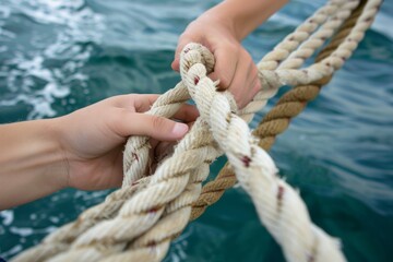 Fototapeta premium Hands knotting a rope on a boat with blue sea background