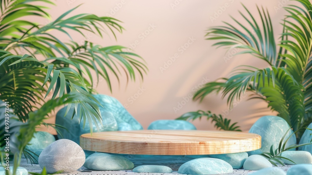 Poster A wooden platform with a stone base and a palm tree in the background