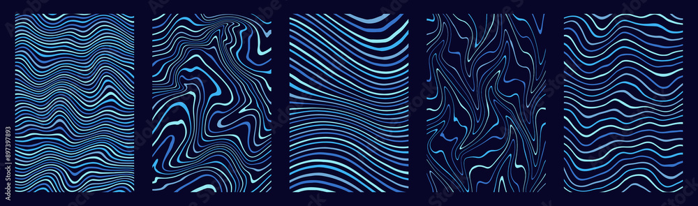 Aufkleber hand drawn groovy abstract 4-color backgrounds, rectangle patterns set. blue marbled stains template