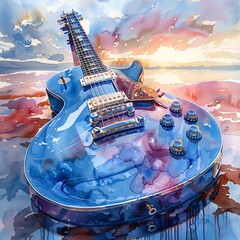 A watercolor painting of a modern electric guitar with a sleek design
