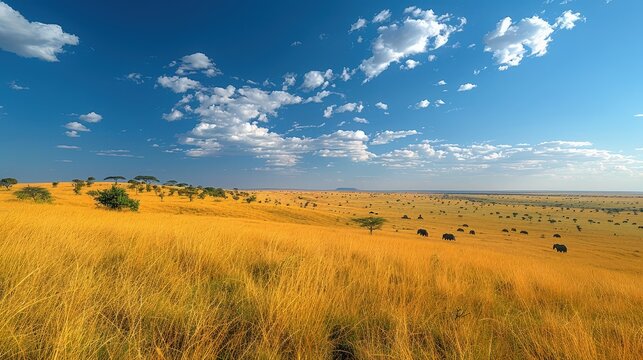Vast Golden Savanna Landscape Under Vibrant Sky