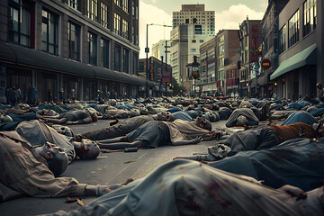 Zombie horde sleeping on a city street at day time. Not based on any actual person, scene or pattern.