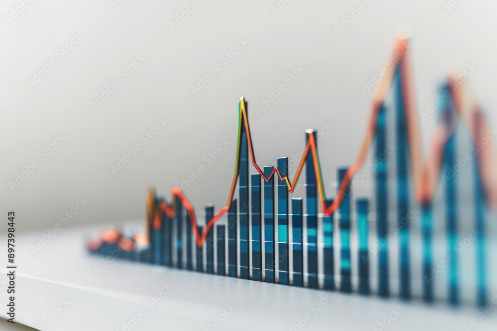 Poster bar graph with a sharp rise in stock prices set against a minimal white surface.