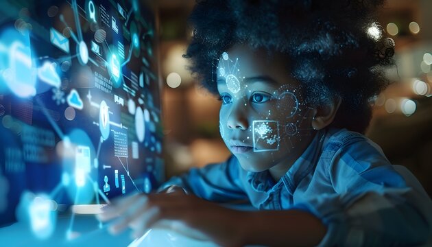 Young child with digital overlay on face, engaged with technology, futuristic concept - Powered by Adobe