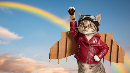 Playful and Imaginative Photo of a Cat Dressed as an Aviator with Red Leather Jacket, Cardboard Wings, and Goggles, Posing Under a Bright Rainbow in the Sky