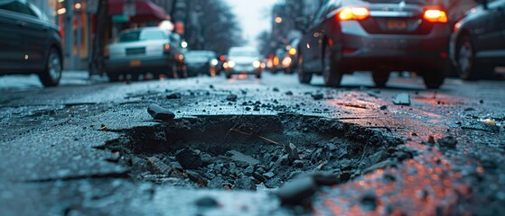 Urban Street Hazard Navigating Around a Deep Pavement Hole in City Life