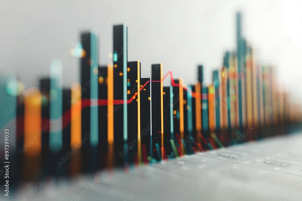 Poster bar graph with a sharp rise in stock prices set against a minimal white surface.