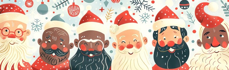 Fototapeta premium Multicultural Santa Clauses in winter hats on snowy background. Concept of festive season, global cultures, Christmas celebration