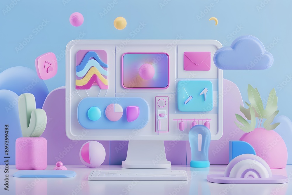 Aufkleber 3D Render of a Desktop Computer with Colorful Objects
