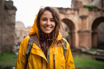 Fototapeta premium Portrait of a smiling woman in her 40s wearing a vibrant raincoat isolated on backdrop of ancient ruins
