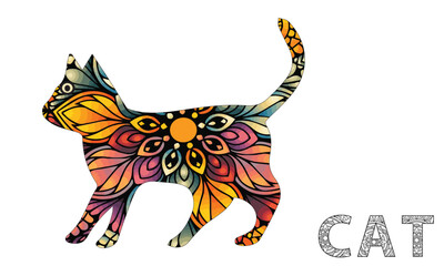 cat canadian sphynx with butterflies painted with watercolors isolated on a white background.Cat with butterfly.cat and flowers painting.