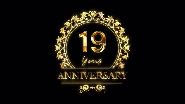 19th Anniversary Celebration. Happy 19 Years Anniversary Animation in Gold Color on the Transparent Background, Alpha Channel. Great for greetings, celebrations, events, and gifts.