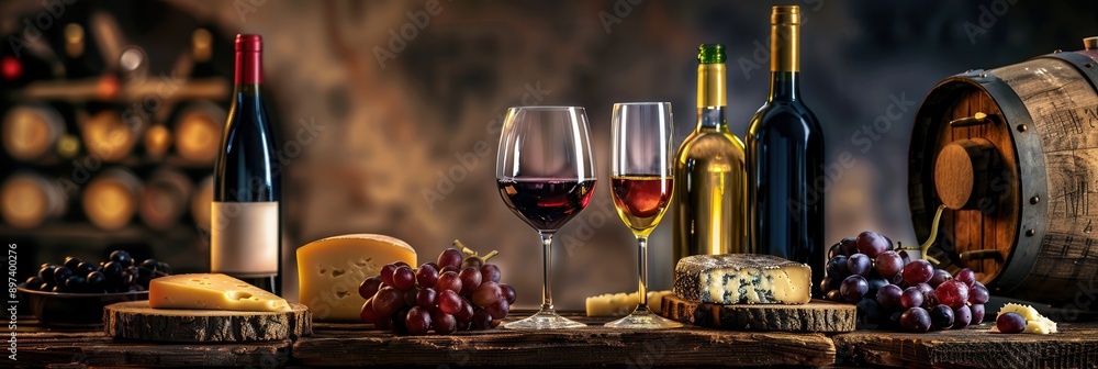 Poster Wine bottles and glasses with cheese and grapes on a wooden table in a wine cellar setting. Generative AI
