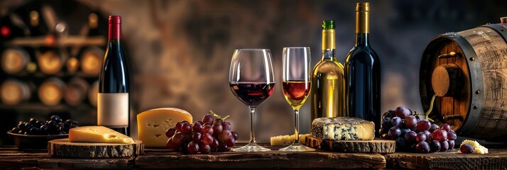 Wine bottles and glasses with cheese and grapes on a wooden table in a wine cellar setting. Generative AI