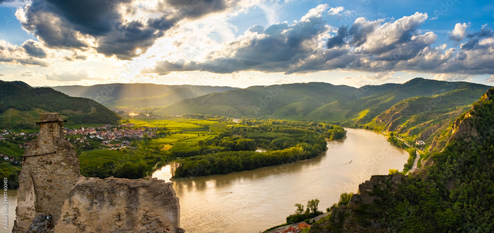 Wall mural castle hinterhaus in spitz wachau austria with danube river and vineyards