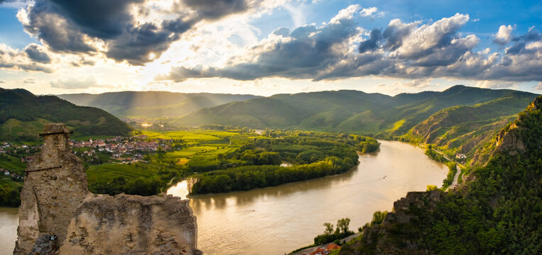 Castle Hinterhaus in Spitz Wachau Austria with Danube river and vineyards