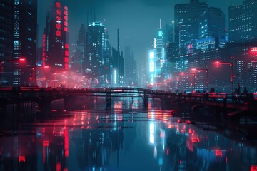 Futuristic cityscape is reflecting in the river at night, with neon lights and a bridge