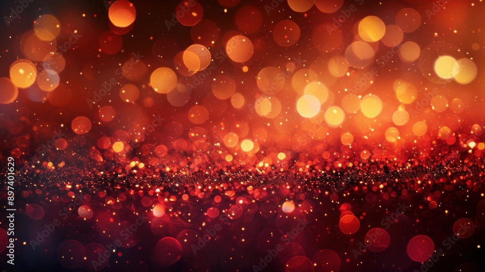 Poster abstract red and gold bokeh background with glowing lights.
