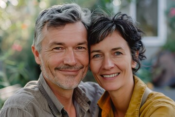 Fototapeta premium Portrait of a happy couple in their 40s smiling at the camera
