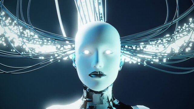 AI robot futuristic humanoid machine, symbiosis of human and computer, data flow, artificial intelligence
