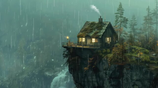 Animation Cozy cabin on cliff during evening rainstorm generated with ai