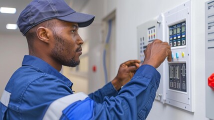 An African male technician adjusting a digital air flow control panel on a white wall in a well-lit office. Concept of technology, engineering, workplace, and professional expertise