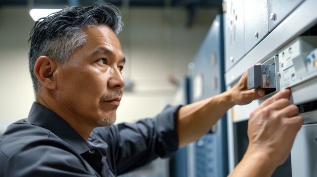 Middle-aged Asian male technician adjusting a digital component in a server room. Concept of IT maintenance, technical expertise, and modern technology