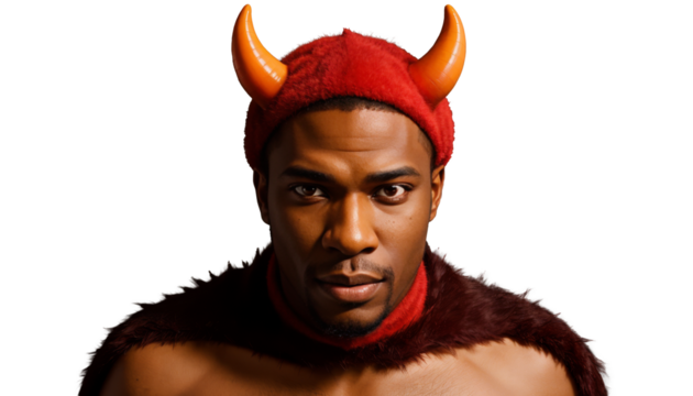 Black african american man wearing red devil costume with horns looks intently at camera