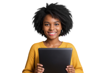 Black african american woman with afro smiles and holds graphite tablet in front of isolated white background