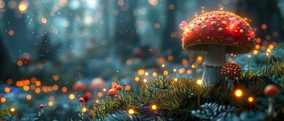 Magical forest with glowing mushrooms and fairies, ample copy space