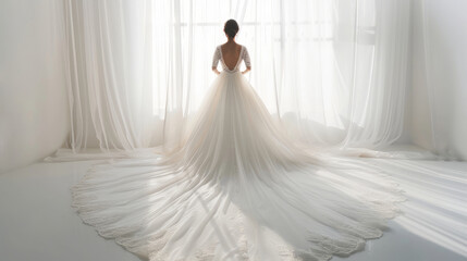 Bride in elegant long wedding dress standing by a window. Concept of bridal attire, elegance, wedding day