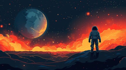 Fototapeta premium Space exploration scene with astronauts and planets, ample copy space