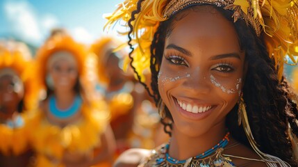 Vibrant carnival scene with dancers and floats, ample copy space