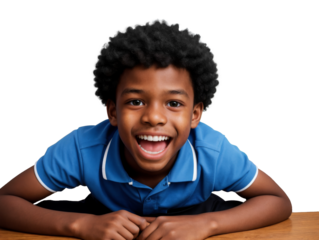 Young black boy with short curly black afro hair smiles brightly while leaning forward with his arms resting on wooden table