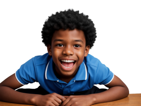 Young black boy with short curly black afro hair smiles brightly while leaning forward with his arms resting on wooden table