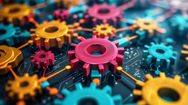 3D graphic showing interconnected gears and nodes symbolizing a complex business network