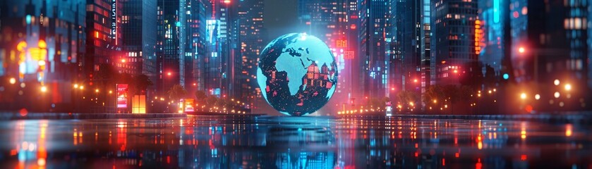 Fototapeta premium Futuristic 3D cityscape with a glowing turquoise and crimson digital globe overlaying the city lights representing a connected and innovative world