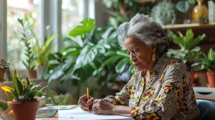 African American elderly female writing in a notebook in a botanical workspace. Concept of senior woman, creativity, horticulture, lifelong learning, Home Office