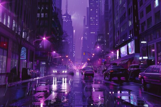 Cars driving down a busy city street at night with purple rain falling