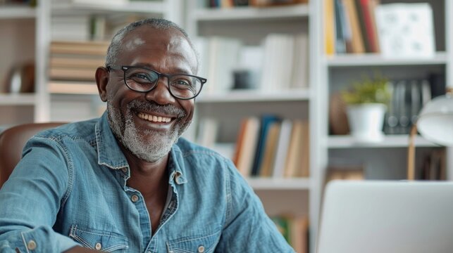 African American Senior Man Using Laptop at Home Office. Concept of Elderly Technology Use, Remote Work, Home Study