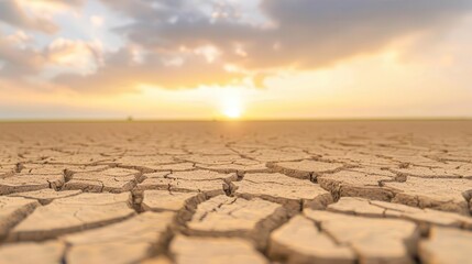 A desolate, cracked desert landscape under a warm, golden sunset, highlighting the effects of extreme drought and climate change.