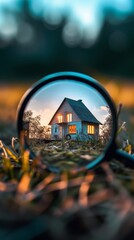 Magnifying glass highlighting a cozy house at sunset, close-up view. Concept of attention to detail and home warmth
