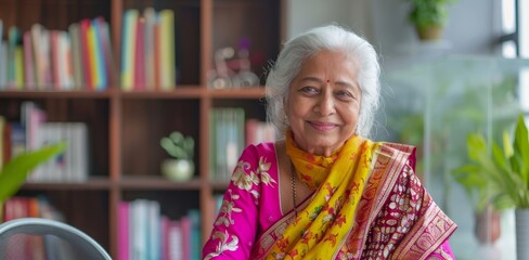 South Asian elderly woman in traditional saree at home. Concept of cultural heritage, elegance, aging gracefully