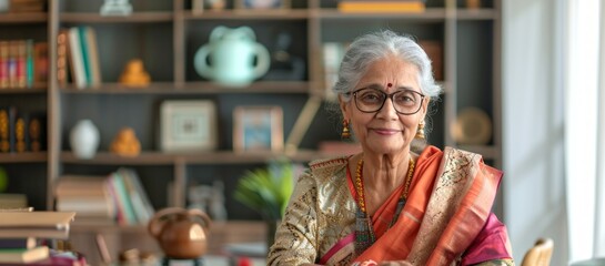 South Asian elderly woman in traditional saree at home. Concept of cultural heritage, elegance, aging gracefully