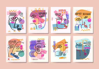 Set of aesthetic abstract face portrait geometric, doodle, line art hand drawn vector illustration wall art.